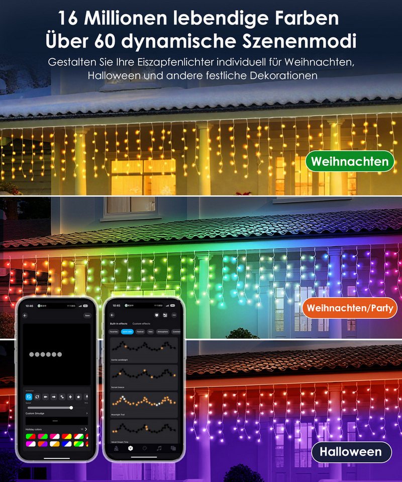 Elegear LED-Lichterkette 5×0,6m LED lichterkette Weihnachtsbeleuchtung, Lichtervorhang, Außen Eiszapfen, 16 Mio. Farben 60 Modi Musik Timer, Weihnachtsdeko – Bild 3 von 5