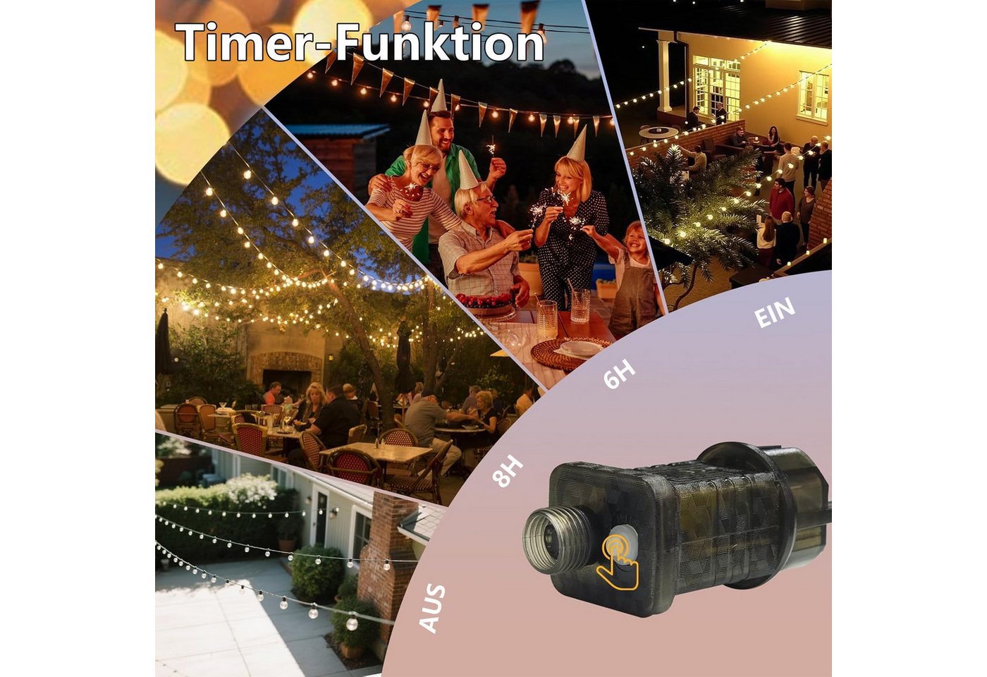 Elegear Lichterkette outdoor strom 9/18M LED lichterkette außen/indoor mit Timer, 8 Modi, gartenleuchte mit 30+3 G40 Glühbirnen für Balkon,Hof,Hochzeit, Party – Bild 3 von 5