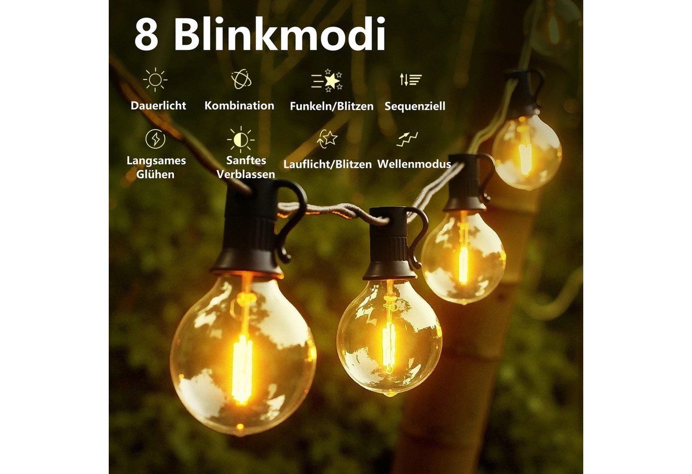 Elegear Lichterkette outdoor strom 9/18M LED lichterkette außen/indoor mit Timer, 8 Modi, gartenleuchte mit 30+3 G40 Glühbirnen für Balkon,Hof,Hochzeit, Party – Bild 4 von 5