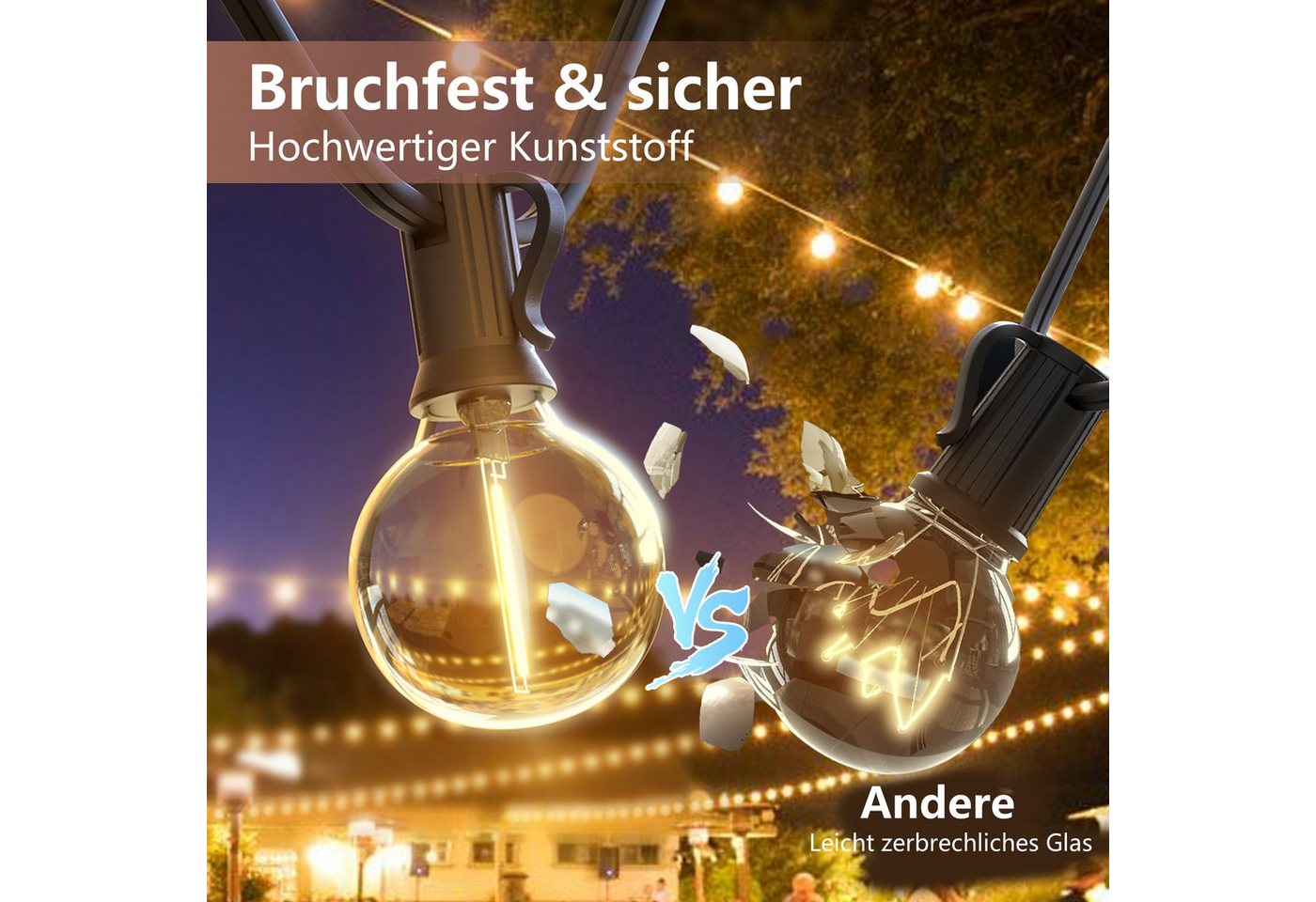 Elegear Lichterkette outdoor strom 9/18M LED lichterkette außen/indoor mit Timer, 8 Modi, gartenleuchte mit 30+3 G40 Glühbirnen für Balkon,Hof,Hochzeit, Party – Bild 5 von 5