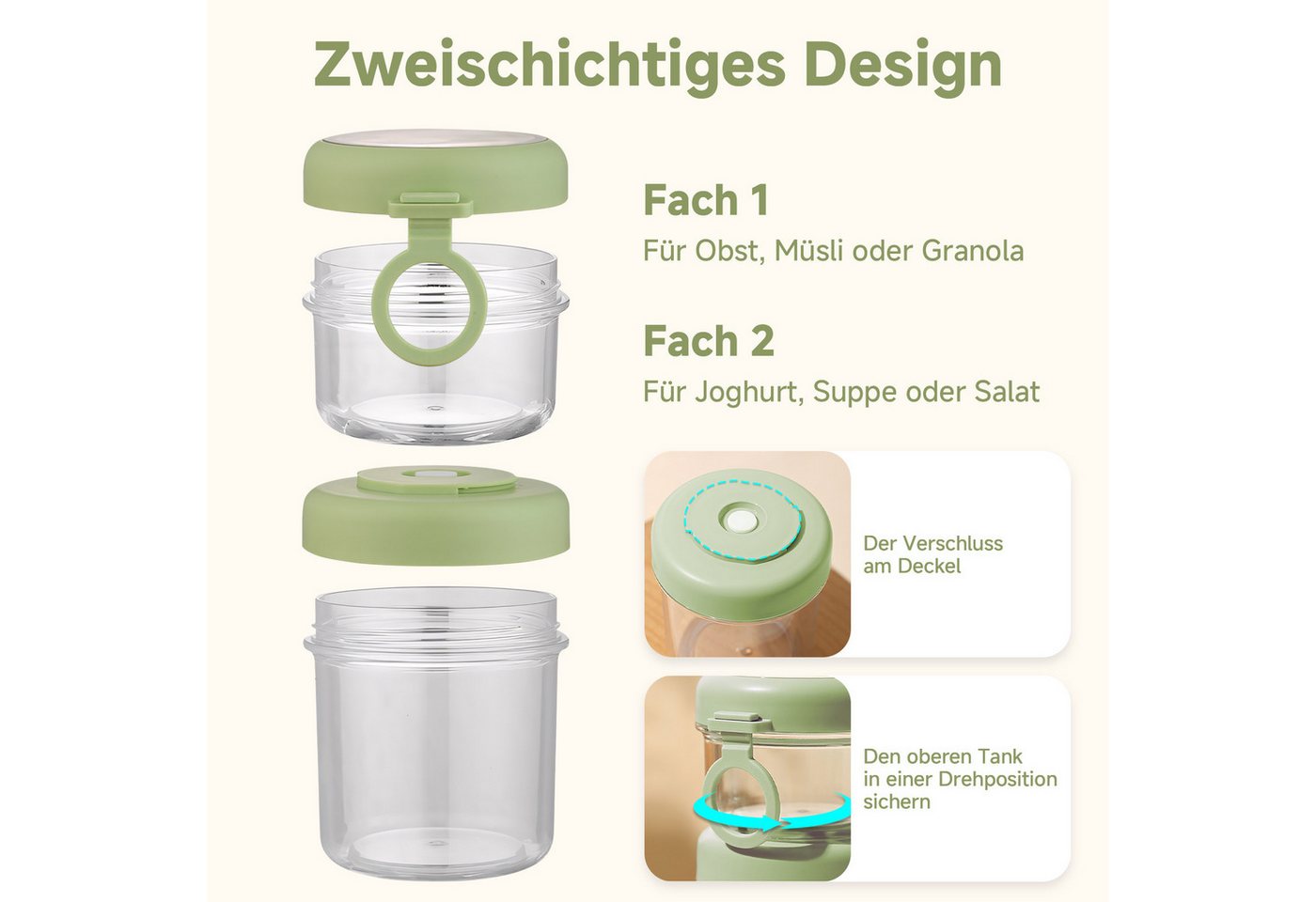 Elegear Müslibox Müslibecher to Go, Joghurtbecher, Doppelschicht Müslibecher mit Löffel, Polypropylen, (1-tlg., 1 × Löffel, 1 × Müslibecher(530+330ml), Lunchtop – Bild 2 von 5