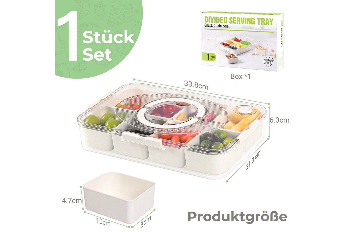 Elegear Vorratsdose Snackbox mit 8 Fächern, Snackteller mit Deckel und Griff, Snackschale, Polypropylen, (1-tlg., 1x Snackbox mit Deckel und Griff), Snackdose O – Bild 3 von 5
