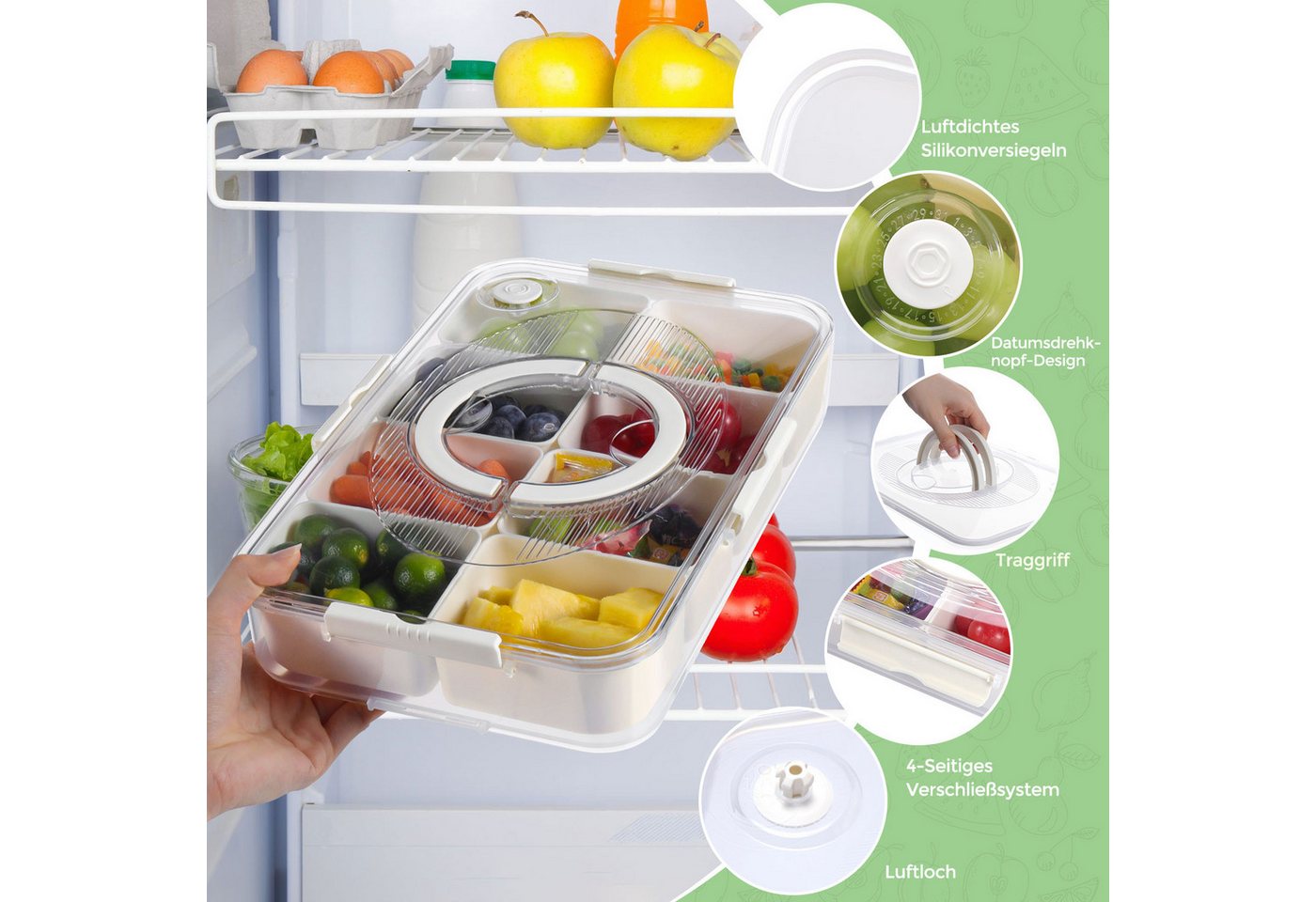 Elegear Vorratsdose Snackbox mit 8 Fächern, Snackteller mit Deckel und Griff, Snackschale, Polypropylen, (1-tlg., 1x Snackbox mit Deckel und Griff), Snackdose O – Bild 5 von 5