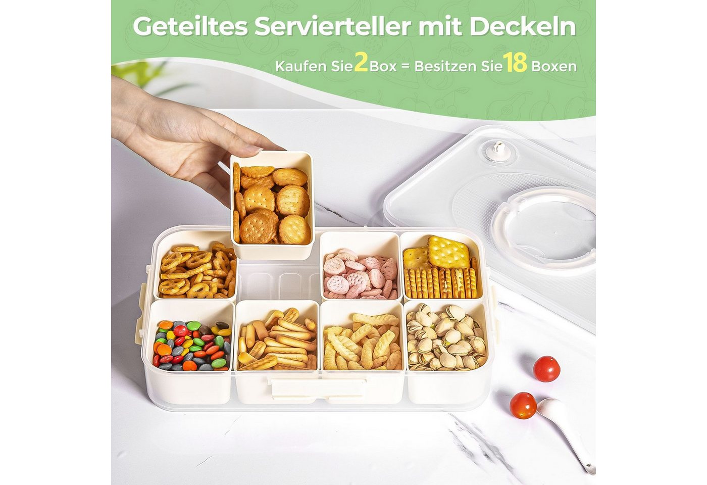 Elegear Vorratsdose Snackbox mit 8 Fächern, Snackteller mit Deckel und Griff, Snackschale, Polypropylen, (2-tlg., 1x Snackbox mit Deckel und Griff), Snackdose O – Bild 2 von 5
