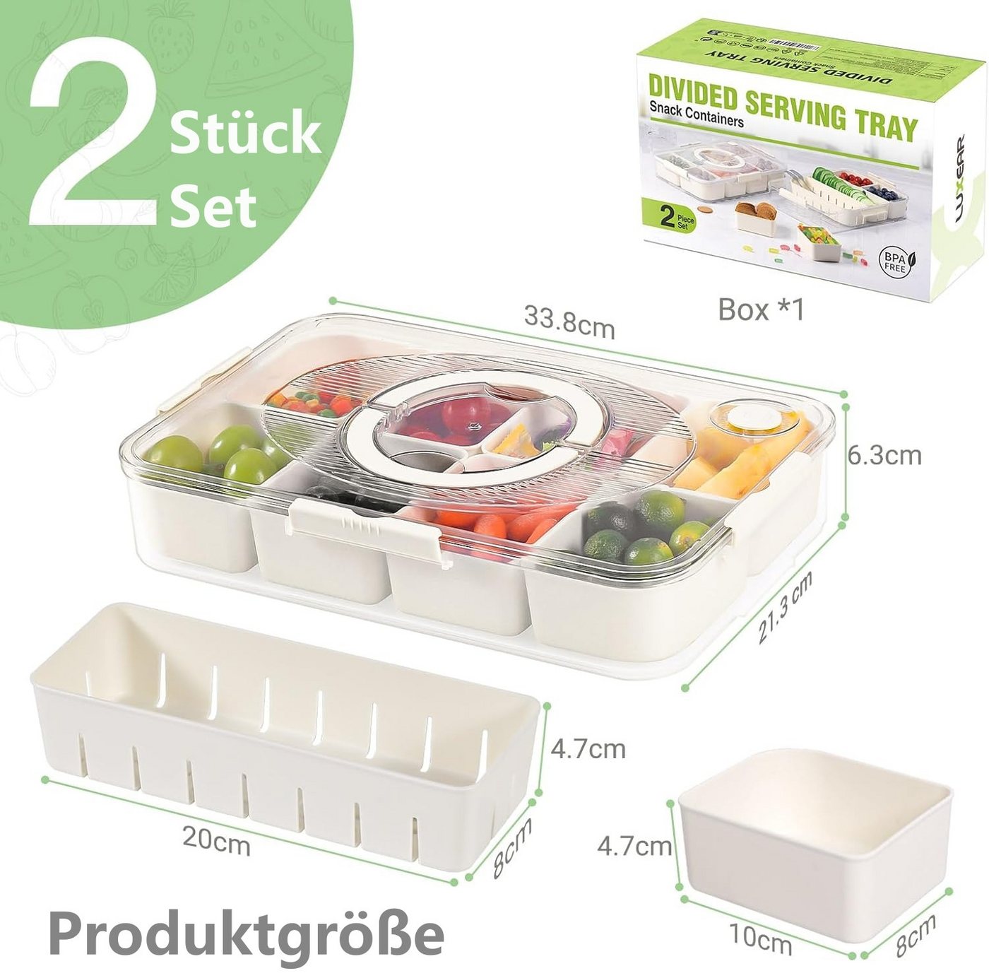 Elegear Vorratsdose Snackbox mit 8 Fächern, Snackteller mit Deckel und Griff, Snackschale, Polypropylen, (2-tlg., 1x Snackbox mit Deckel und Griff), Snackdose O – Bild 3 von 5