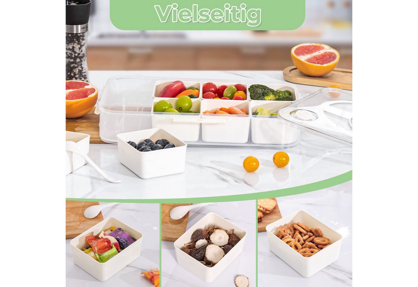 Elegear Vorratsdose Snackbox mit 8 Fächern, Snackteller mit Deckel und Griff, Snackschale, Polypropylen, (2-tlg., 1x Snackbox mit Deckel und Griff), Snackdose O – Bild 4 von 5
