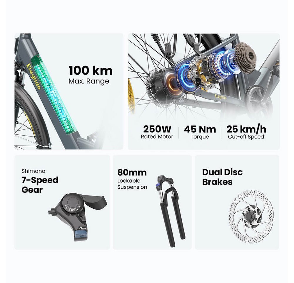 Eleglide E-Bike T1 ST Durchstieg 27,5 Zoll 36V 13Ah 250W E-Bike, 7 Gang Shimano, 468 Wh, 5 Stufen(12/15/18/21/25 km/h), 45N.M, bis zu 100 km – Bild 3 von 5