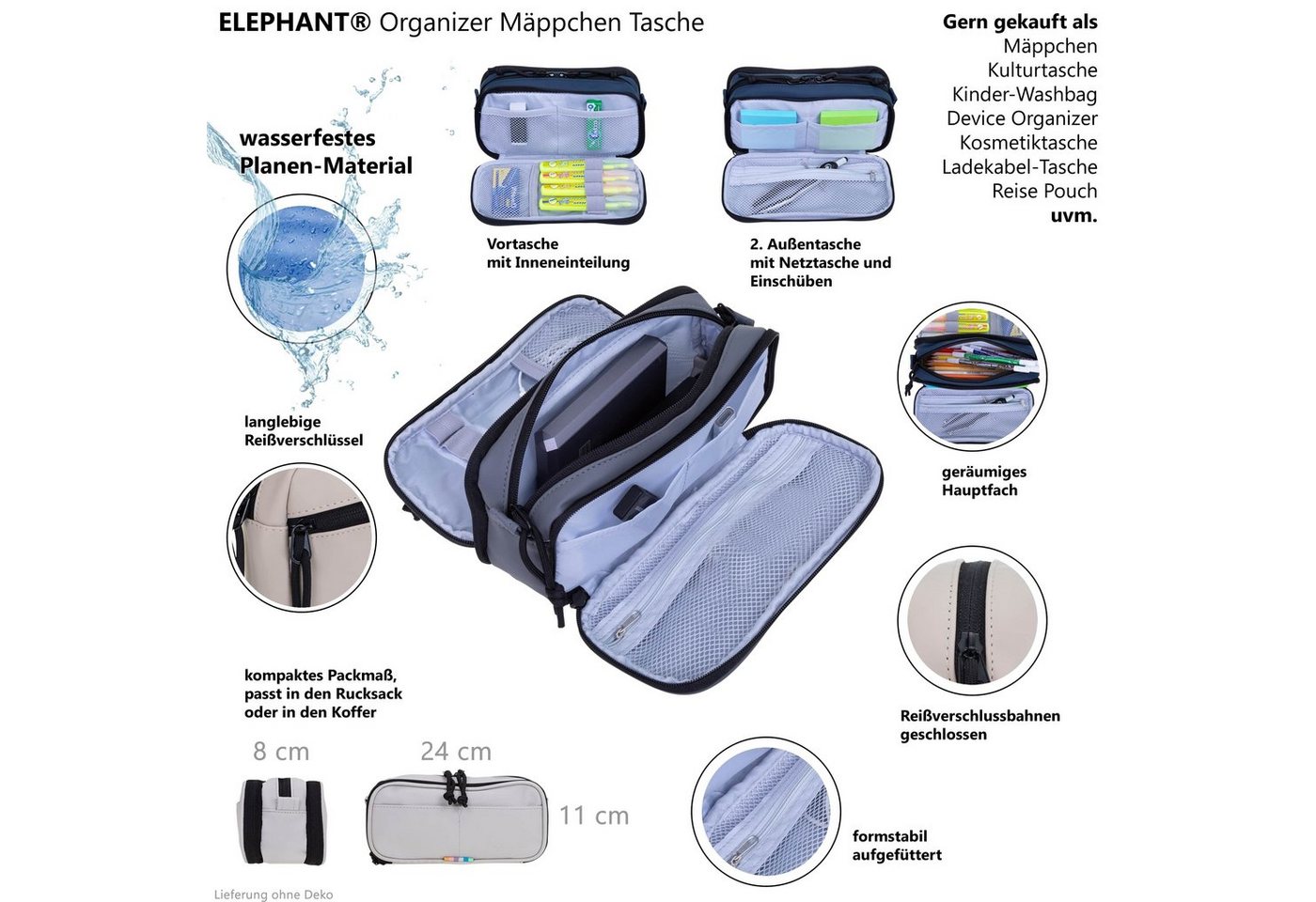ELEPHANT Federmäppchen Hydro Mäppchen Organizer wasserabweisend, Federtasche Schule Büro Office Stifte Tasche klein – Bild 4 von 5