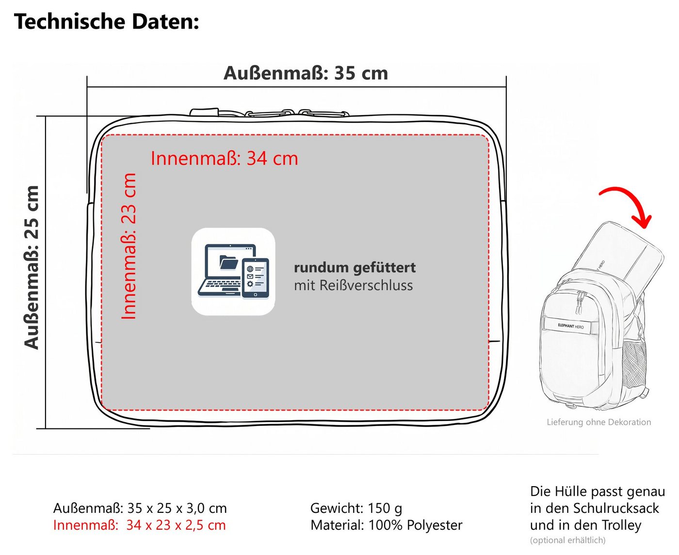 ELEPHANT Laptoptasche Laptophülle Polstertasche Sleeve, Schule Hero Signature Notebooktasche Schutzhülle für Laptop Tablet – Bild 2 von 5
