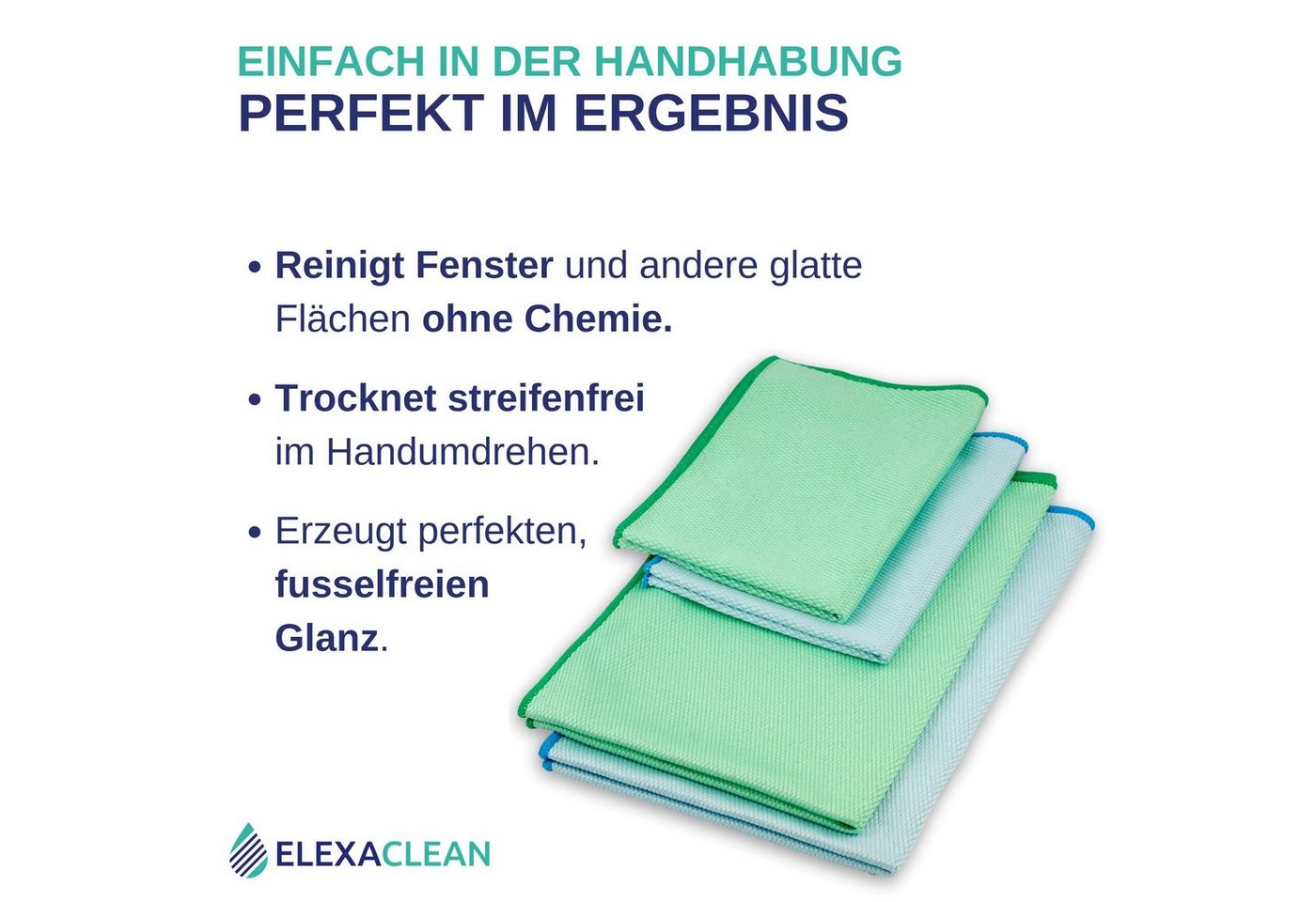 ELEXACLEAN Fenstertuch streifenfrei Scheibentuch Mikrofasertuch (Mikrofaser, Set, 8-tlg., 60x40cm & 40x30cm, grün/blau, streifenfrei ohne Chemie nur mit Wasser) – Bild 2 von 4