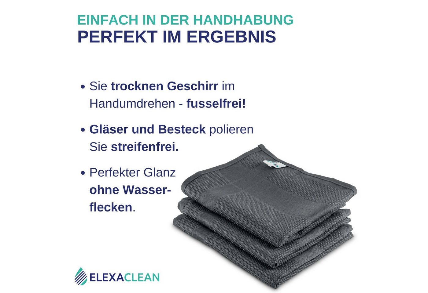 ELEXACLEAN Geschirrtuch Küchentücher Mikrofaser Poliertücher, (Set, 3-tlg., 68x42 cm), ultrafein, saugstark, fusselfrei – Bild 2 von 5
