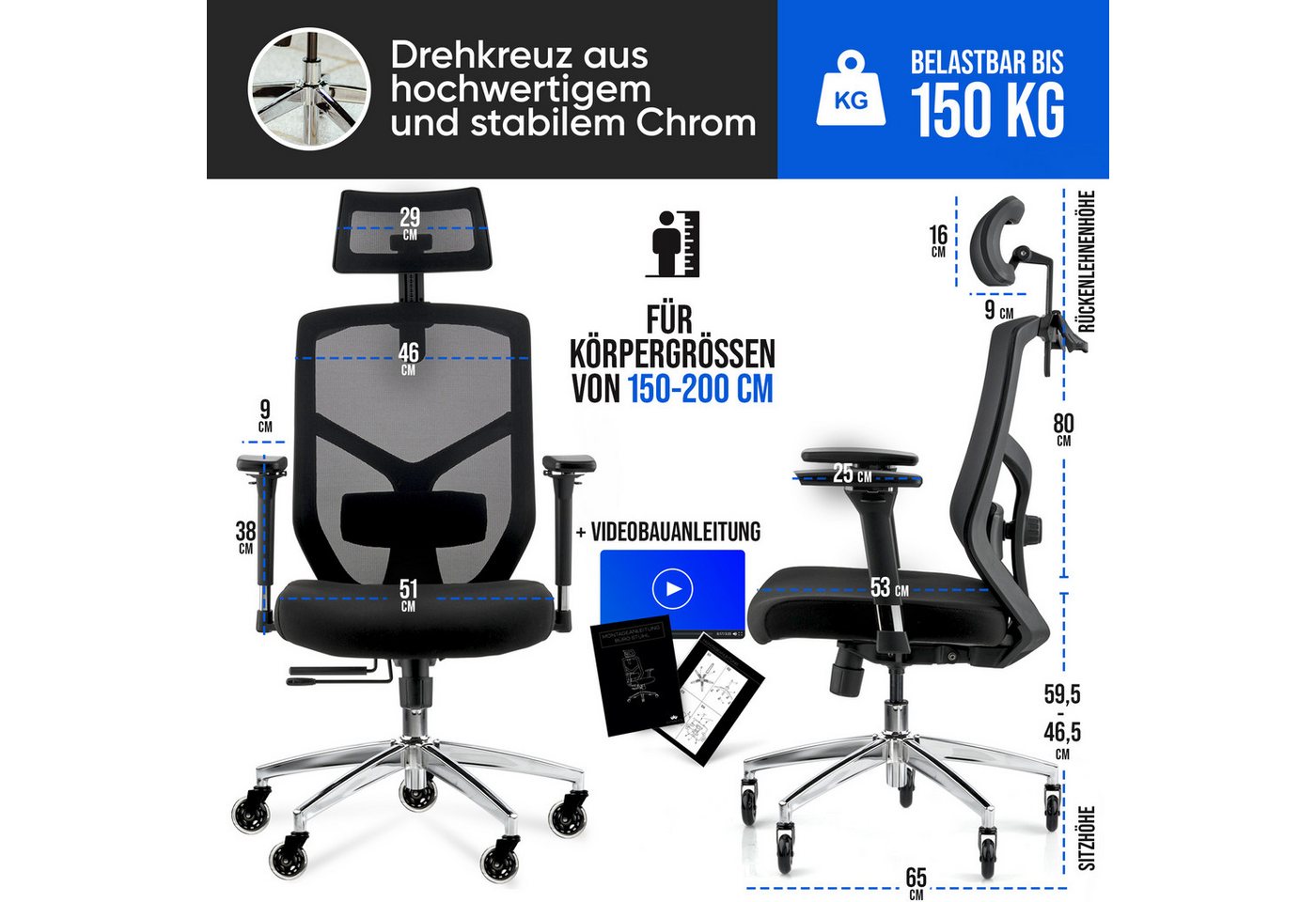 ELITESEATS Bürostuhl Ergonomisch [TESTSIEGER] Kratzerfreie Rollen Atmungsaktiv (Ergonomischer Schreibtischstuhl, Büro Stuhl 150 kg Belastbar), Gaming Stuhl, Com – Bild 2 von 5