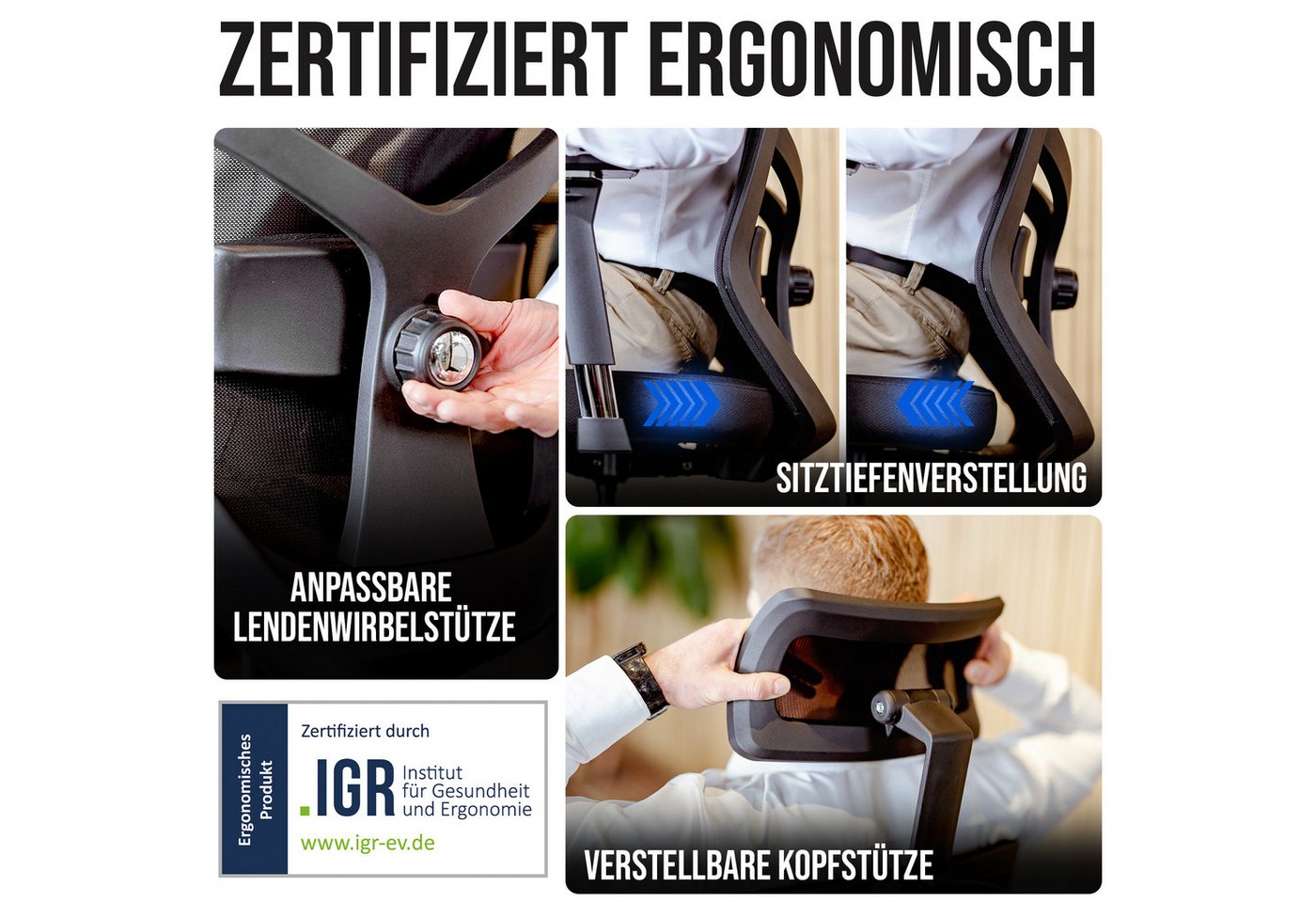 ELITESEATS Bürostuhl Ergonomisch [TESTSIEGER] Kratzerfreie Rollen Atmungsaktiv (Ergonomischer Schreibtischstuhl, Büro Stuhl 150 kg Belastbar), Gaming Stuhl, Com – Bild 3 von 5