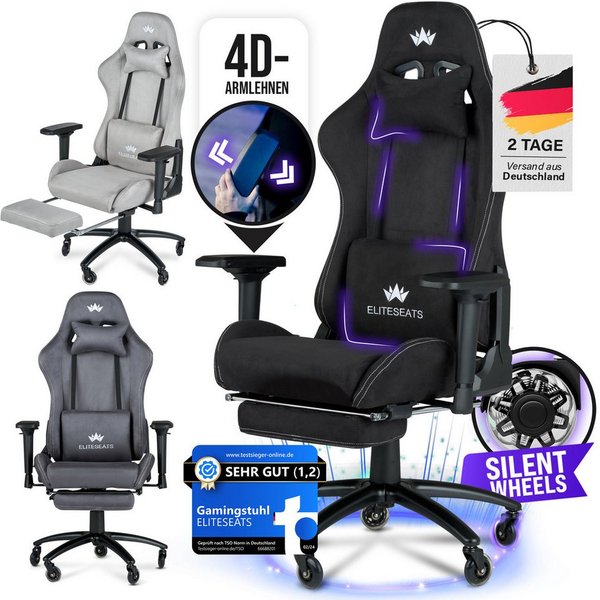 ELITESEATS Gaming-Stuhl Ergonomisch [TESTSIEGER] Kratzerfreie Rollen Atmungsaktiv (Gaming Sessel mit 4D-Armlehnen, Fußstütze), Ergonomischer Schreibtischstuhl 1
