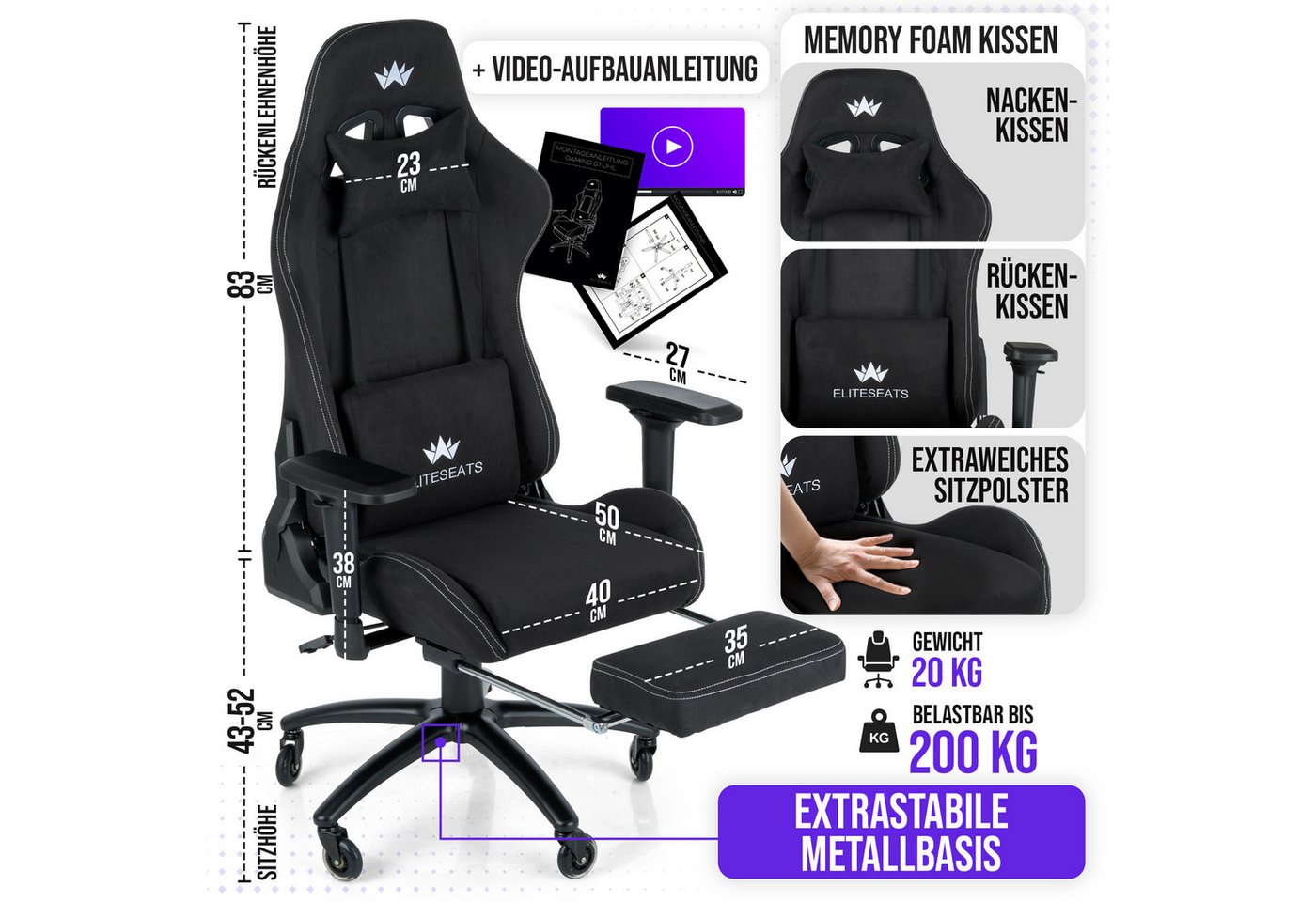 ELITESEATS Gaming-Stuhl Ergonomisch [TESTSIEGER] Kratzerfreie Rollen Atmungsaktiv (Gaming Sessel mit 4D-Armlehnen, Fußstütze), Ergonomischer Schreibtischstuhl 1 – Bild 2 von 5