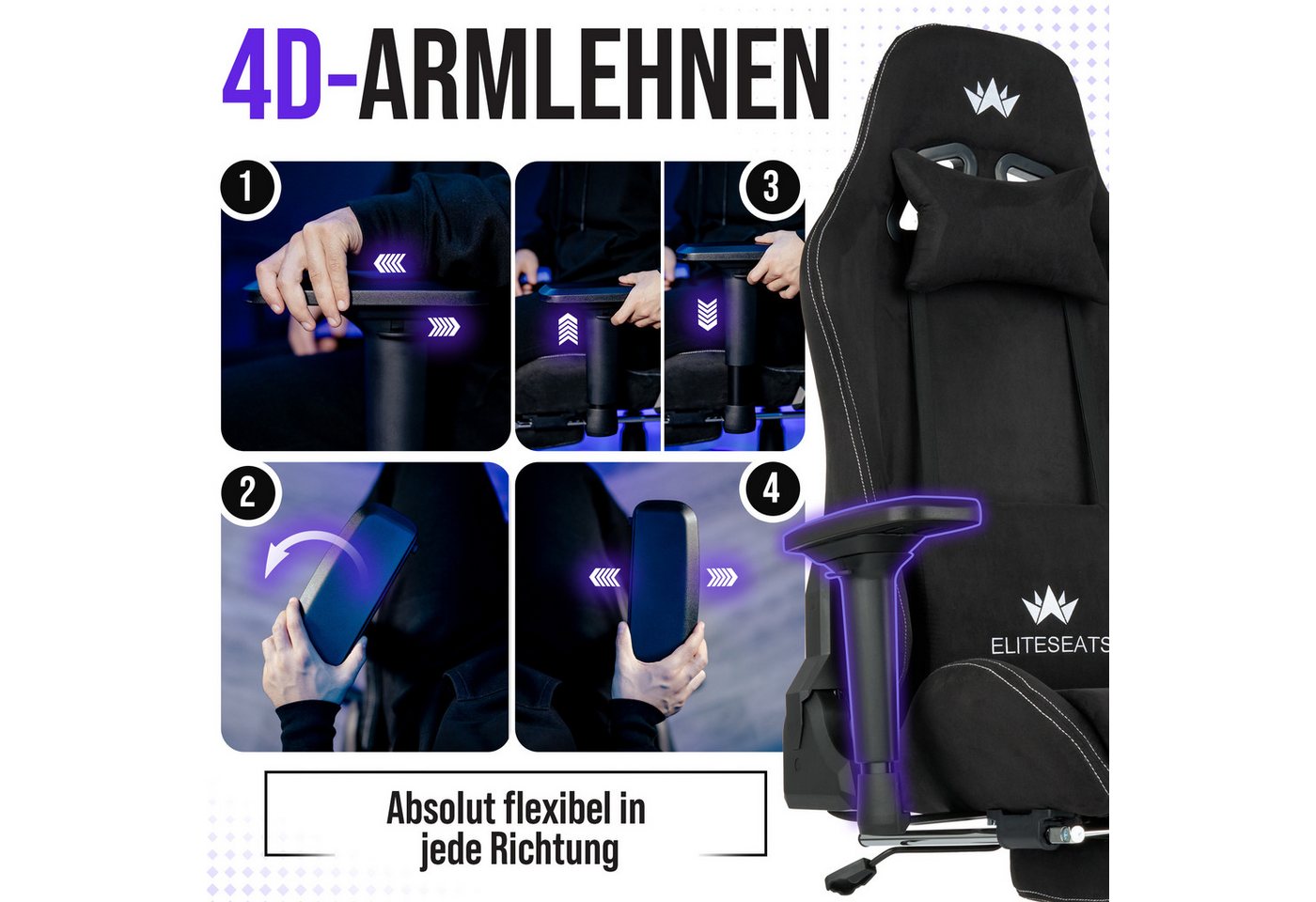 ELITESEATS Gaming-Stuhl Ergonomisch [TESTSIEGER] Kratzerfreie Rollen Atmungsaktiv (Gaming Sessel mit 4D-Armlehnen, Fußstütze), Ergonomischer Schreibtischstuhl 1 – Bild 5 von 5
