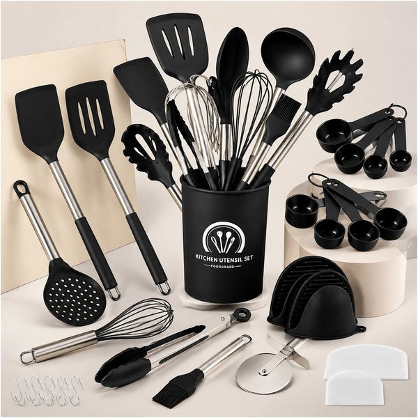 ElitVita Kochbesteck-Set Küchenhelfer Set, 45 tlg. Silikon küchenutensilien Kochbesteck Set (45-tlg., Lebensmittelklammer, Suppenlöffel, Bratspatel, Puderkralle