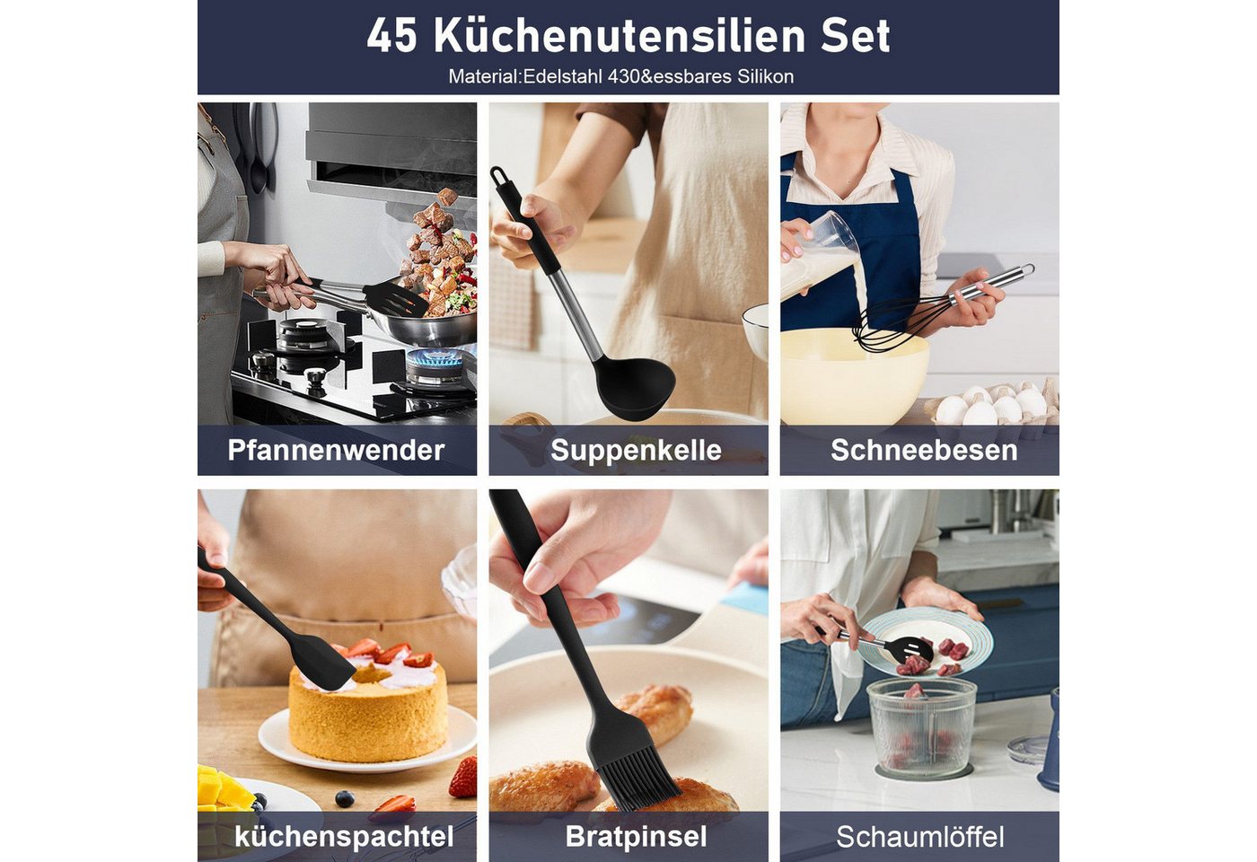 ElitVita Kochbesteck-Set Küchenhelfer Set, 45 tlg. Silikon küchenutensilien Kochbesteck Set (45-tlg., Lebensmittelklammer, Suppenlöffel, Bratspatel, Puderkralle – Bild 5 von 5