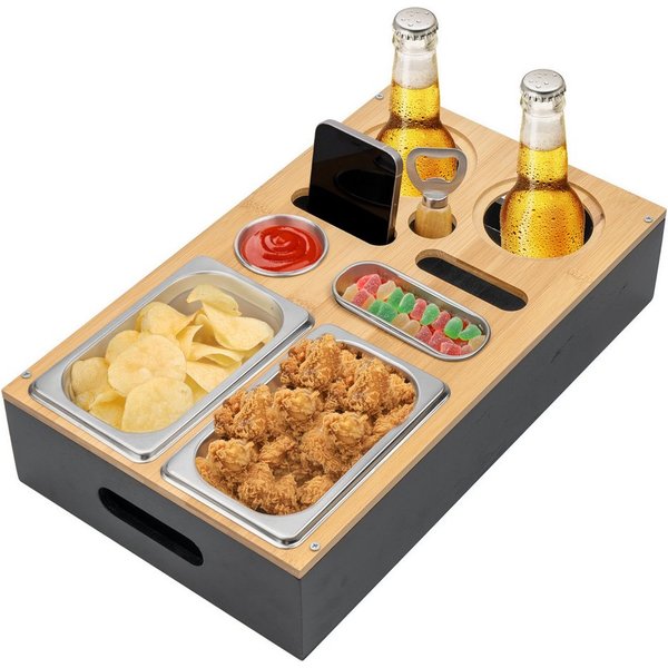ElitVita Tabletttisch Couchbar Snackbox aus Bambus mit Edelstahlschalen, Sofatablett (1-St), mit Flaschenhalter & Korkenzieher,Snack Tablett für Couchbar,Kinoab