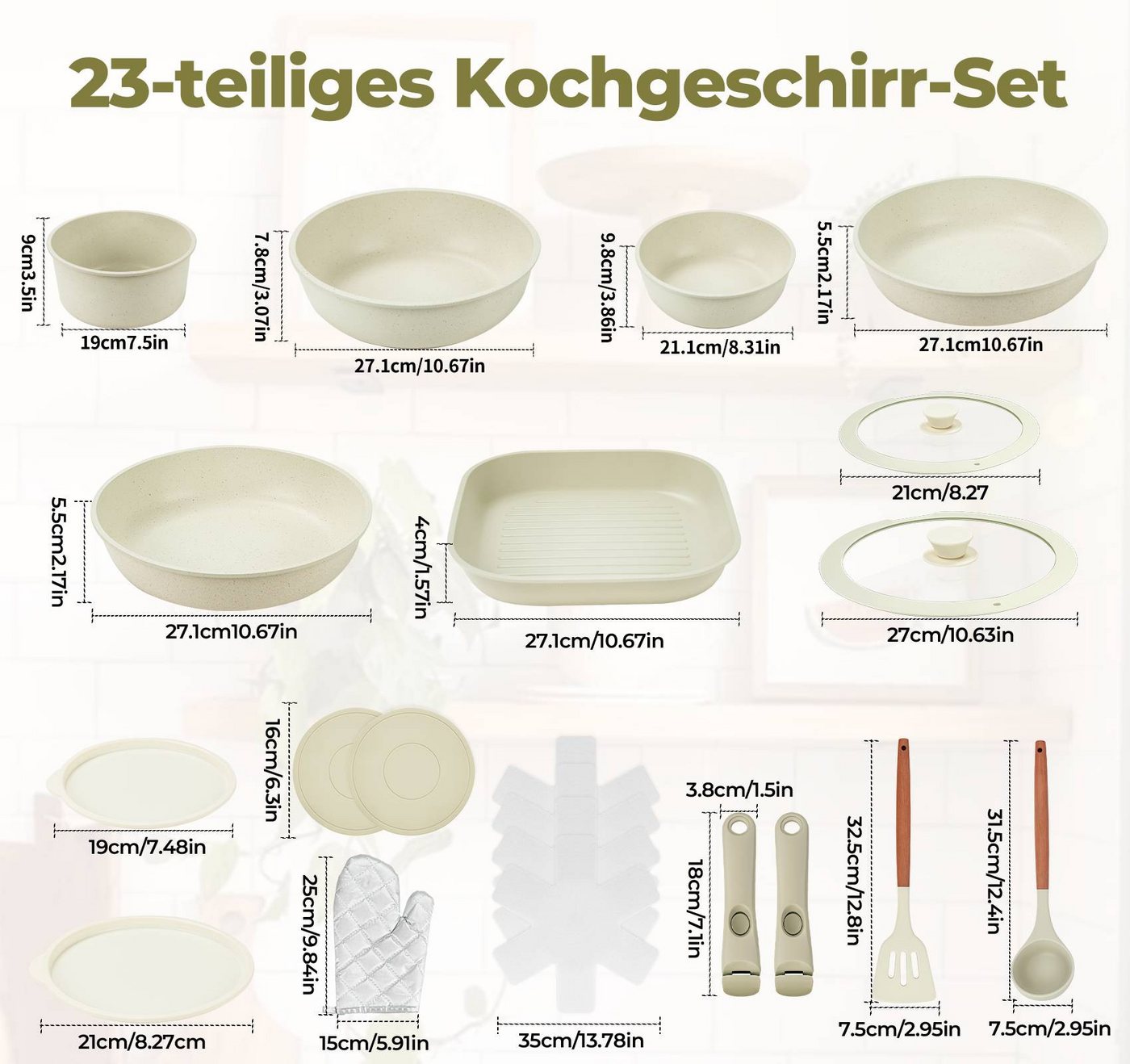 ElitVita Topf-Set Kochtopf set, mit Abnehmbarer Griff, Antihaft, Aluminiumguss, Aluminiumguss (Set, 23-tlg., 23-tlg.Ø20/26cm Pfanne, Ø26cm quadratische Backpfan – Bild 2 von 5