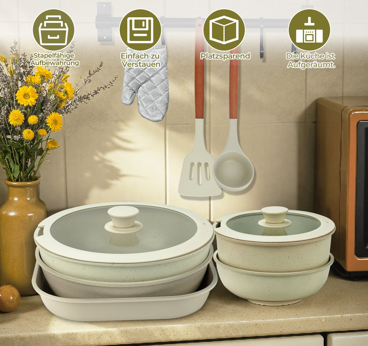 ElitVita Topf-Set Kochtopf set, mit Abnehmbarer Griff, Antihaft, Aluminiumguss, Aluminiumguss (Set, 23-tlg., 23-tlg.Ø20/26cm Pfanne, Ø26cm quadratische Backpfan – Bild 4 von 5
