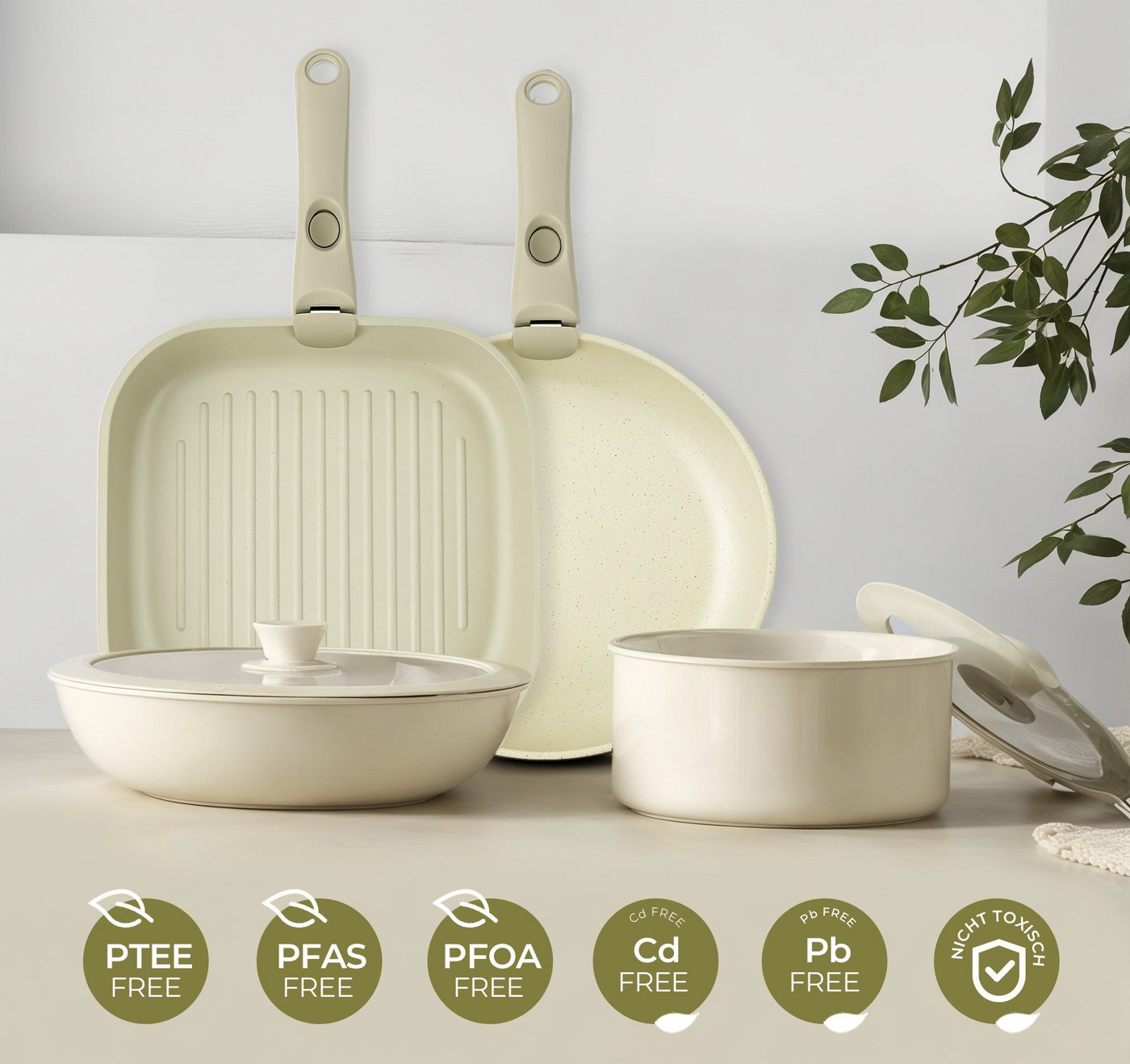 ElitVita Topf-Set Kochtopf set, mit Abnehmbarer Griff, Antihaft, Aluminiumguss, Aluminiumguss (Set, 23-tlg., 23-tlg.Ø20/26cm Pfanne, Ø26cm quadratische Backpfan – Bild 5 von 5
