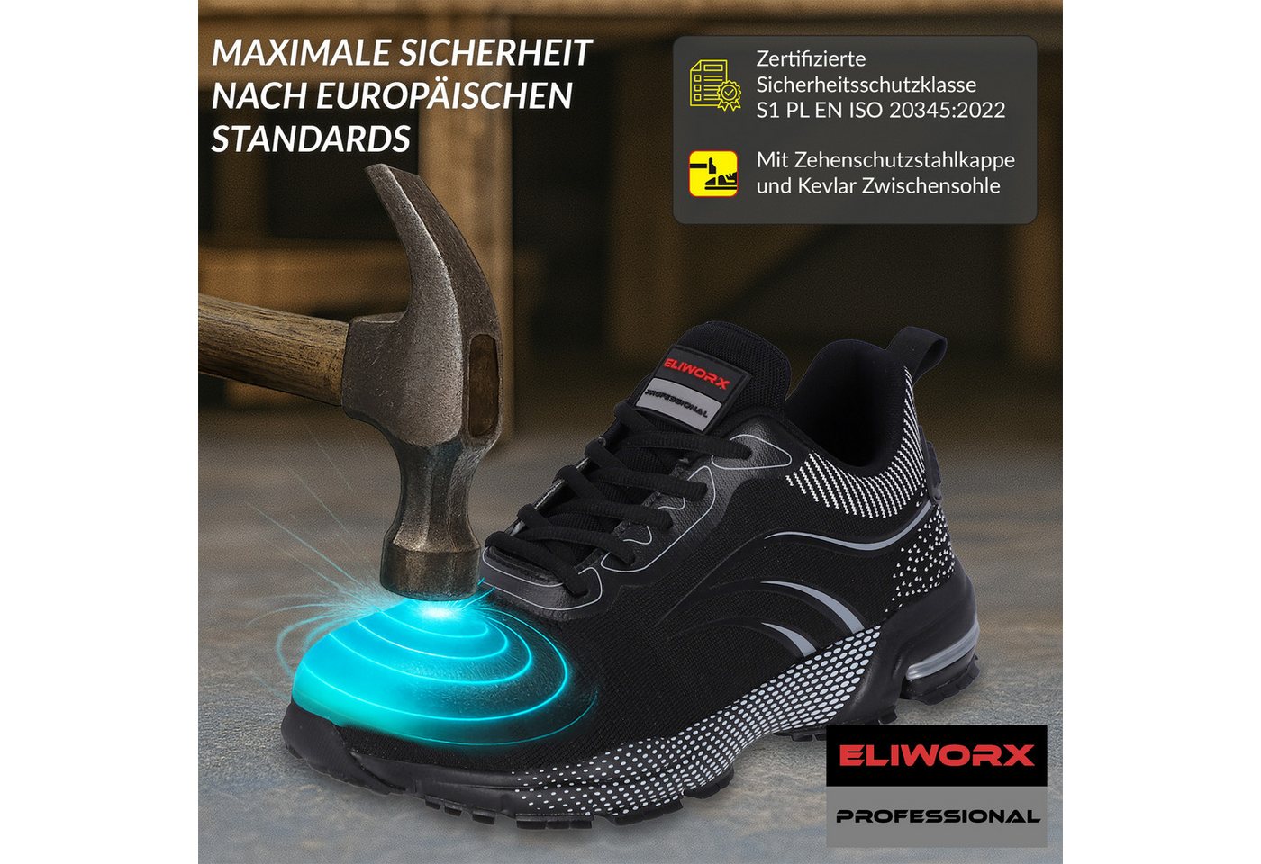 ELIWORX S1 PL Schuh mit Stahlkappe, Atmungsaktives Mesh - Arbeitsschuhe Herren Sicherheitsschuh Durchtrittsichere Zwischensohle aus Kevlar, besonders rutschhemm – Bild 2 von 5