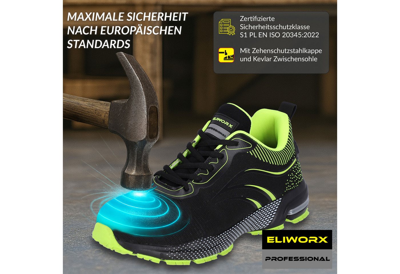 ELIWORX S1 PL Schuh mit Stahlkappe, Atmungsaktives Mesh - Arbeitsschuhe Herren Sicherheitsschuh Durchtrittsichere Zwischensohle aus Kevlar, besonders rutschhemm – Bild 2 von 5