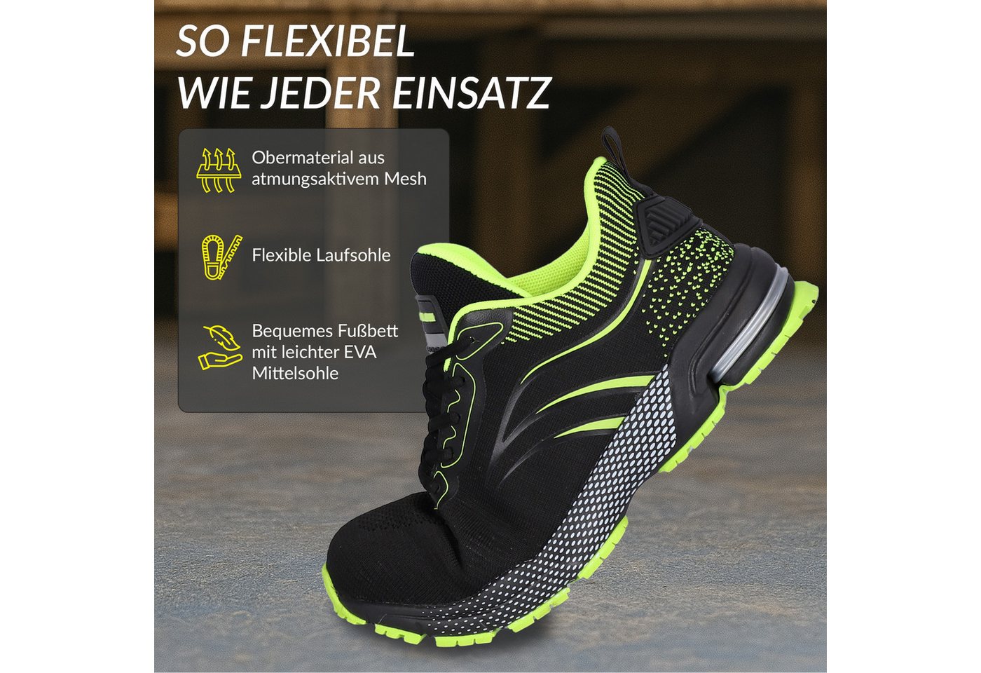 ELIWORX S1 PL Schuh mit Stahlkappe, Atmungsaktives Mesh - Arbeitsschuhe Herren Sicherheitsschuh Durchtrittsichere Zwischensohle aus Kevlar, besonders rutschhemm – Bild 5 von 5
