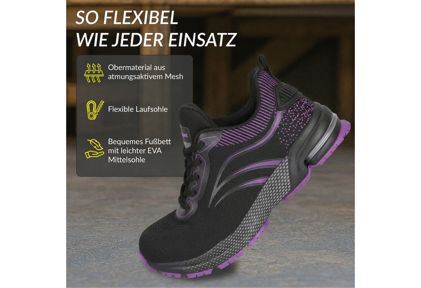ELIWORX S1 PL Schuh mit Stahlkappe, Atmungsaktives Mesh - Arbeitsschuhe Damen Arbeitsschuh Durchtrittsichere Zwischensohle aus Kevlar, besonders rutschhemmend – Bild 5 von 5