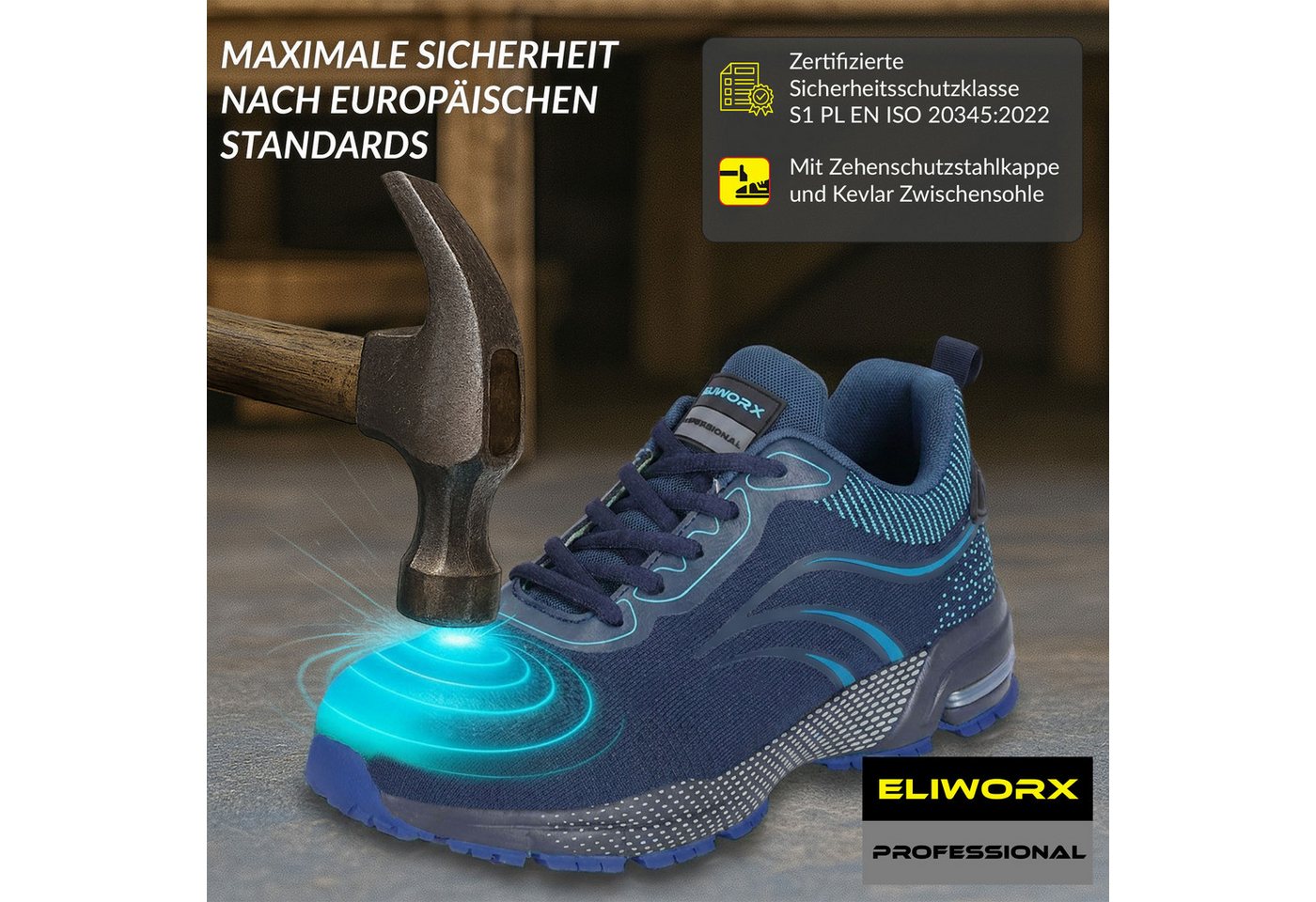 ELIWORX S1 PL Schuh mit Stahlkappe, Atmungsaktives Mesh - Arbeitsschuhe Herren Sicherheitsschuh Durchtrittsichere Zwischensohle aus Kevlar, besonders rutschhemm – Bild 2 von 5