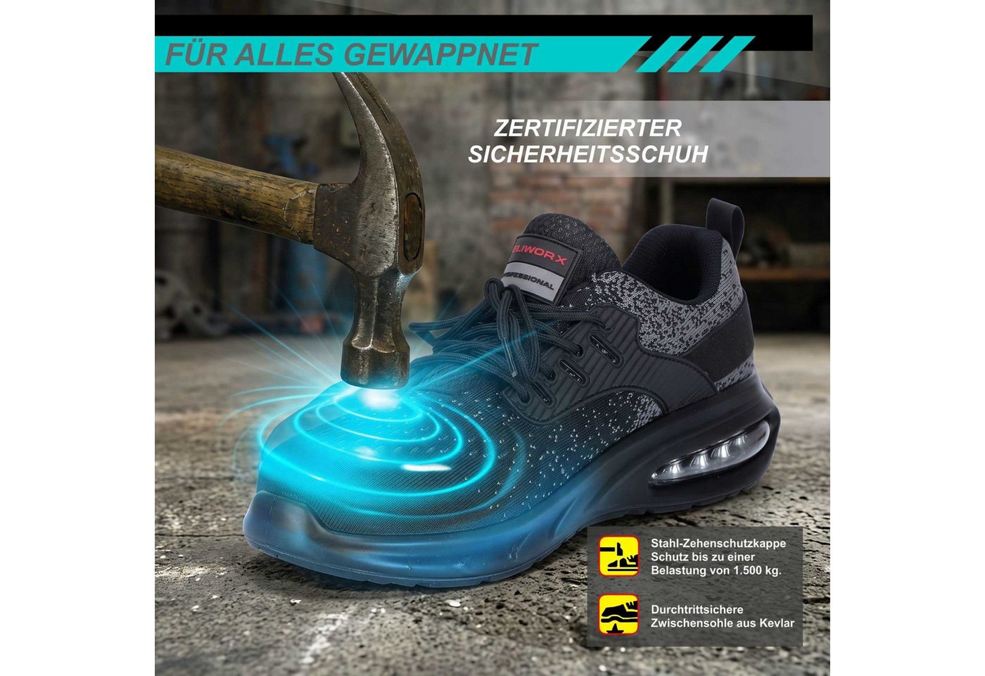 ELIWORX S3S SR ESD mit Stahlkappe, Atmungsaktives Mesh - Arbeitsschuhe Herren Sicherheitsschuh Nach EN ISO 20345:2022+A1:2024, Herausnehmbares Fußbett, Rutschhe – Bild 2 von 5