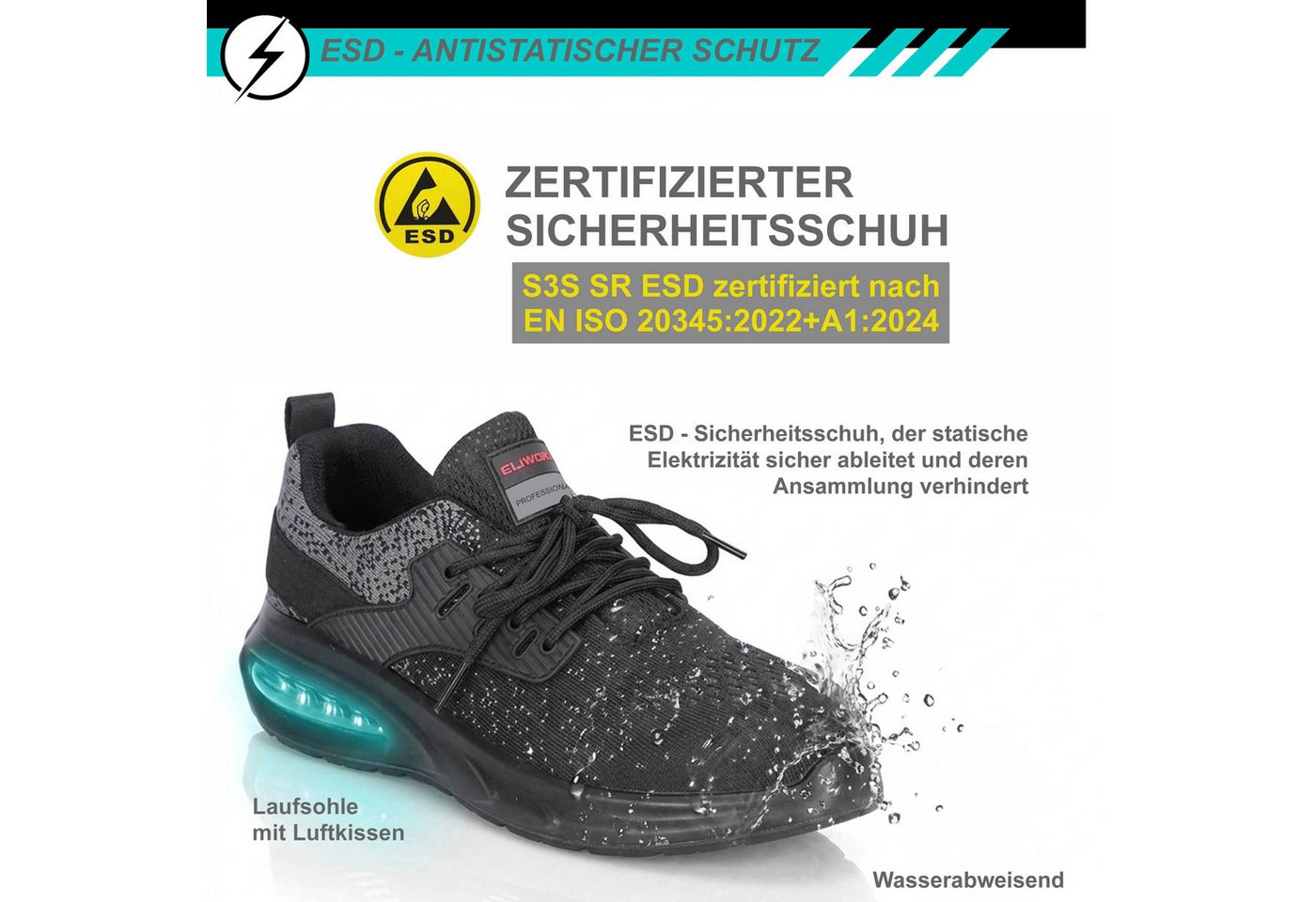 ELIWORX S3S SR ESD mit Stahlkappe, Atmungsaktives Mesh - Arbeitsschuhe Herren Sicherheitsschuh Nach EN ISO 20345:2022+A1:2024, Herausnehmbares Fußbett, Rutschhe – Bild 3 von 5