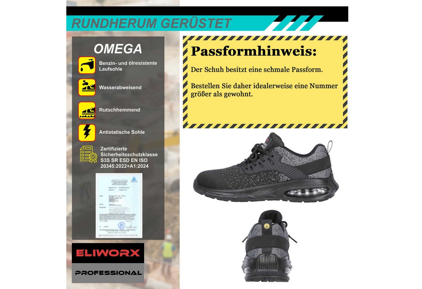 ELIWORX S3S SR ESD mit Stahlkappe, Atmungsaktives Mesh - Arbeitsschuhe Herren Sicherheitsschuh Nach EN ISO 20345:2022+A1:2024, Herausnehmbares Fußbett, Rutschhe – Bild 4 von 5