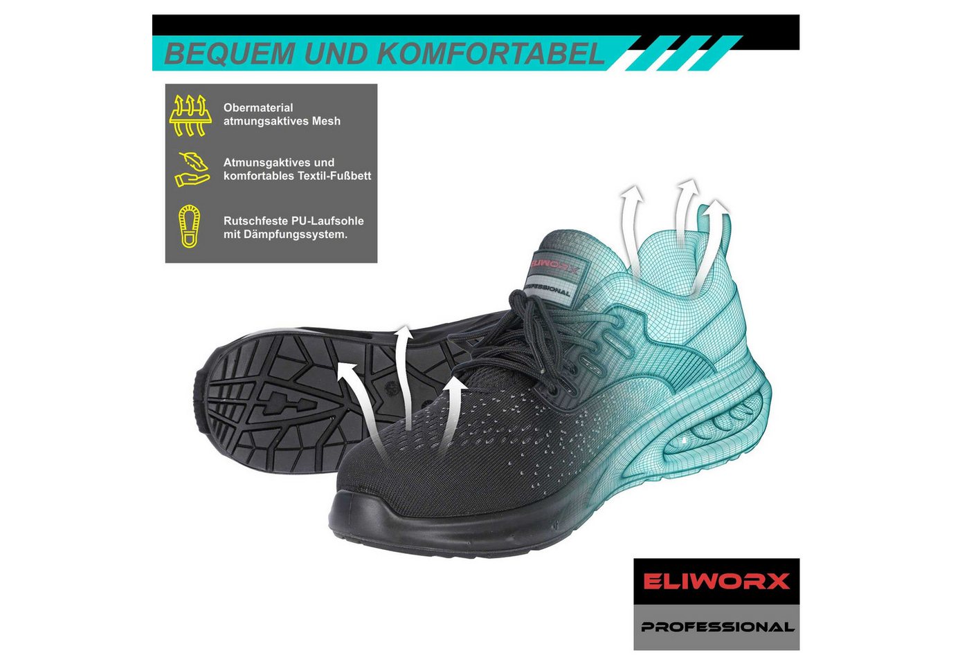ELIWORX S3S SR ESD mit Stahlkappe, Atmungsaktives Mesh - Arbeitsschuhe Herren Sicherheitsschuh Nach EN ISO 20345:2022+A1:2024, Herausnehmbares Fußbett, Rutschhe – Bild 5 von 5