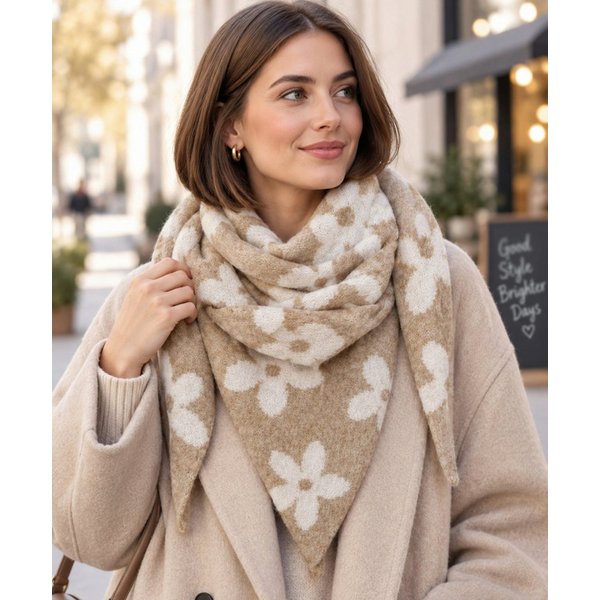 Ella Jonte Dreieckstuch, Wende-Tuch mit Blumenmuster in Braun-Beige für Herbst & Winter