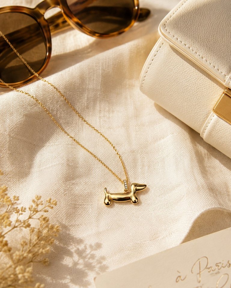 Ella Jonte Edelstahlkette, mit Dackel Dachshund gold mit Strass - kurze Kette 40-45 cm – Bild 3 von 4