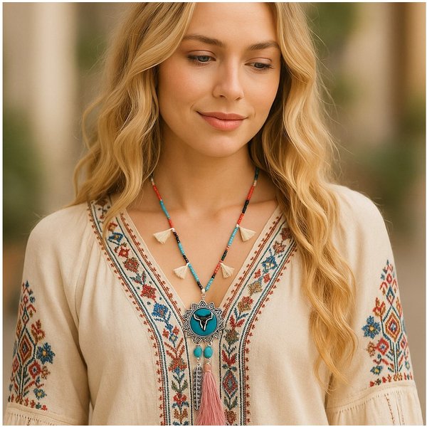Ella Jonte Lange Kette, Büffel-Kette im Boho-Style – Statement mit Federn & Quasten