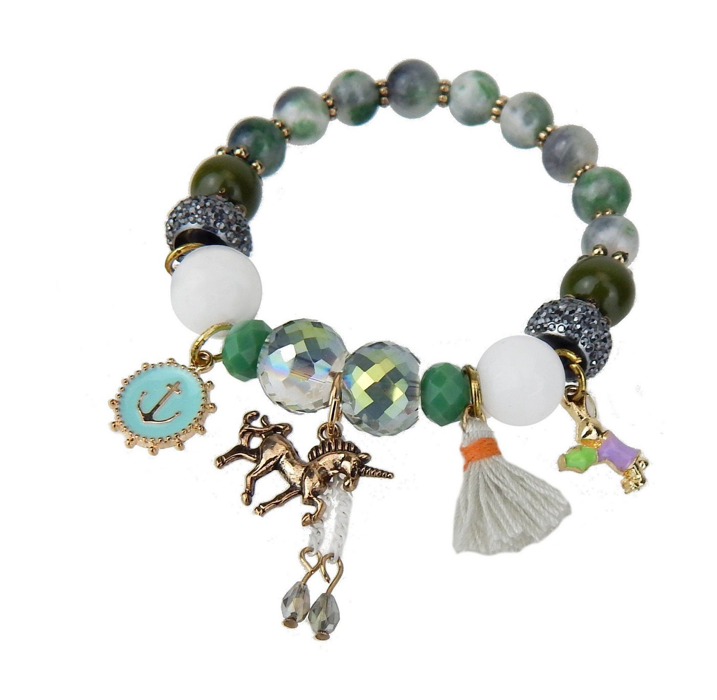Ella Jonte Perlenarmband, Boho Armband grün weiss bunt mit Anhänger Quaste elastisch – Bild 2 von 4
