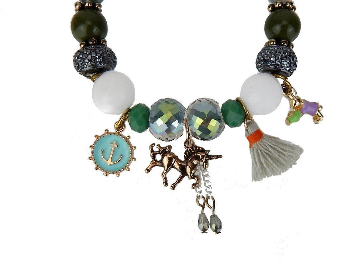 Ella Jonte Perlenarmband, Boho Armband grün weiss bunt mit Anhänger Quaste elastisch – Bild 3 von 4