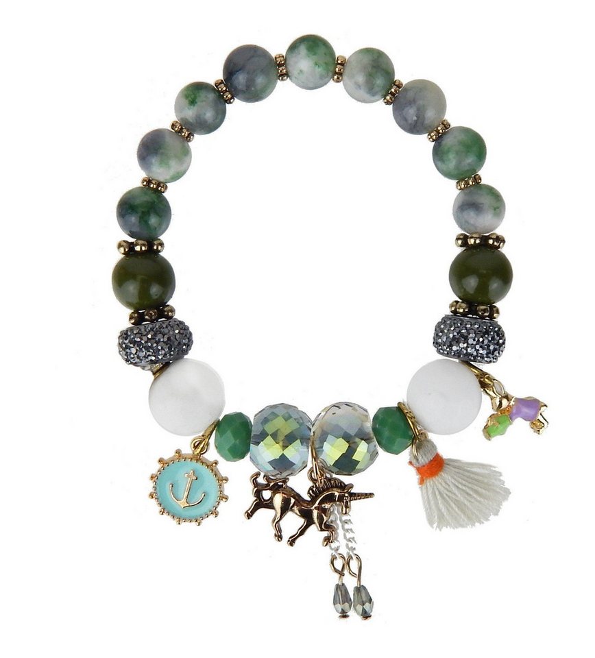Ella Jonte Perlenarmband, Boho Armband grün weiss bunt mit Anhänger Quaste elastisch – Bild 4 von 4