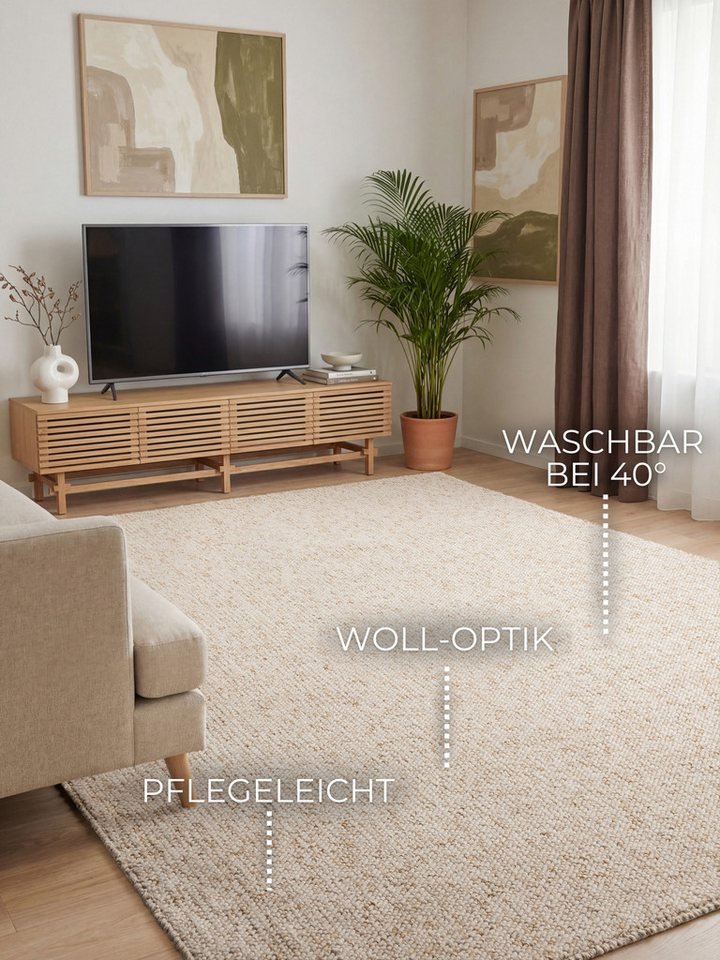 ELLE DECORATION Teppich Rocco, rechteckig, Höhe: 10 mm, Läufer, waschbar, Wohnzimmer, Esszimmer, Woll-Optik – Bild 3 von 5