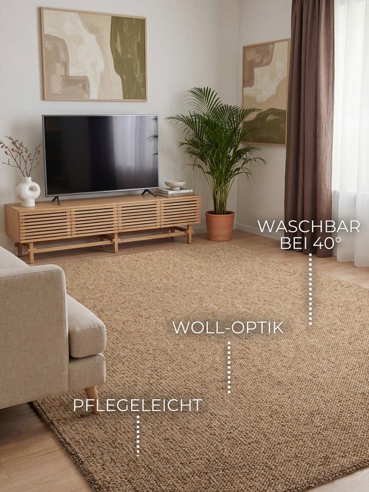 ELLE DECORATION Teppich Rocco, rechteckig, Höhe: 10 mm, Läufer, waschbar, Wohnzimmer, Esszimmer, Woll-Optik – Bild 3 von 5
