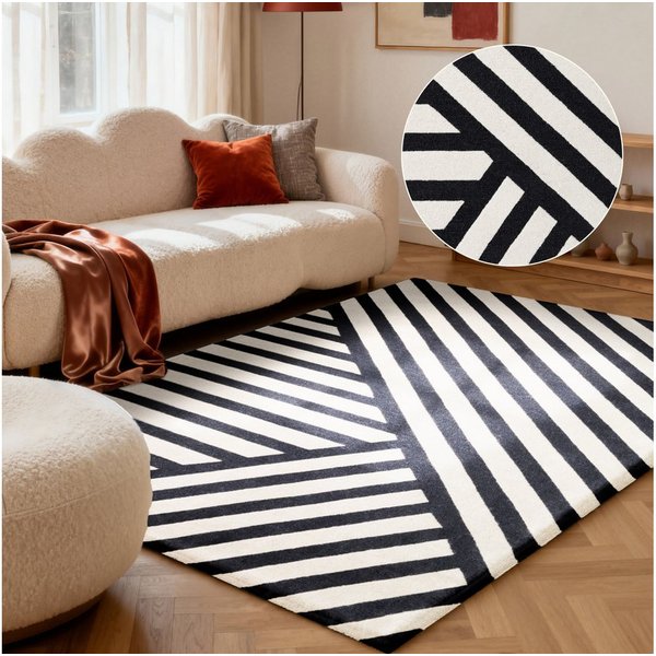 ELLE DECORATION Wollteppich Noir, rechteckig, Höhe: 12 mm, Wolle, Natur, Wohnzimmer, schwarz weiss, Modern, Geometrisch, Streifen