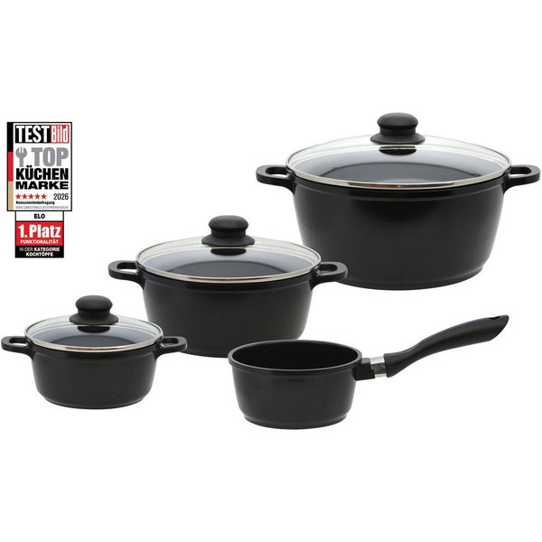 Elo Basic Topf-Set Black Cast, Aluminiumguss (Set, 7-tlg., 3 Töpfe mit Deckel, 1 Stielkasserolle), mit hochwertiger Antihaftversiegelung, Induktion