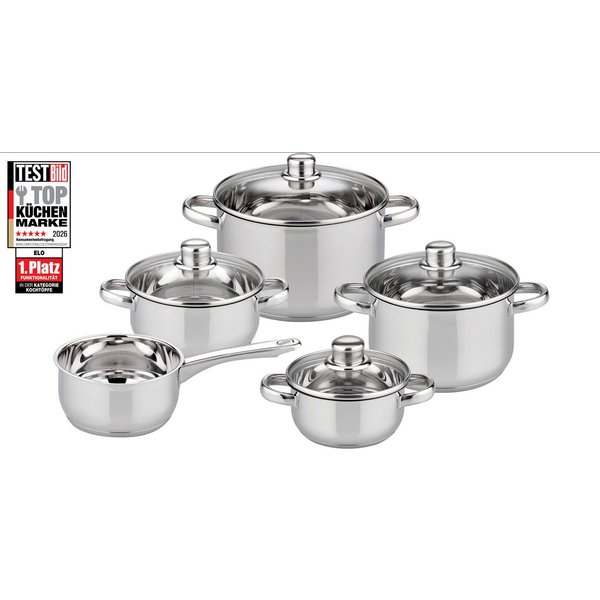 Elo Basic Topf-Set Galactica, Edelstahl 201 (Set, 9-tlg., je 1 x Kochtopf mit Deckel Ø 14/16/20/24 cm, 1 Stielkasserolle Ø 16 cm), Induktion