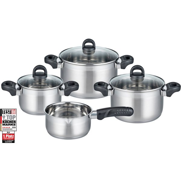 Elo Basic Topf-Set Turmalin, Edelstahl 18/10 (Set, 7-tlg., je 1 Fleischtopf Ø 16/20/24 cm, 1x Stielkasserolle Ø 16 cm), Öl-Dosiersystem, Induktion