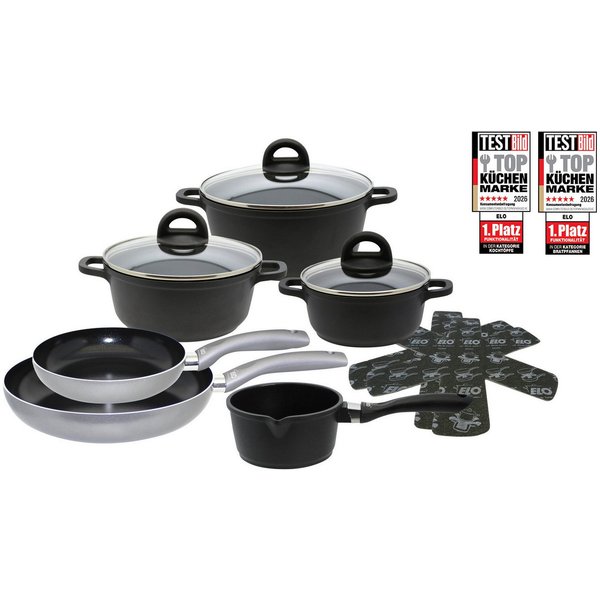 Elo Topf-Set Black, Ducato, Aluminiumguss (Set, 11-tlg., 3 Töpfe mit Deckel, 1 Stielkasserolle, 2 Bratpfannen, 2 Stapelschutz), mit hochwertiger Antihaftversieg