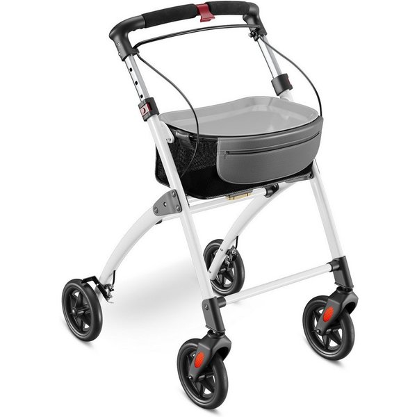 ELONEO Indoor-Rollator Wohnungsrollator inkl. Tablett & Korb für Zuhause, klappbare Gehhilfe, Einhand-Falt-mechanismus, geringes Faltmaß, maximale Sichtbarkeit