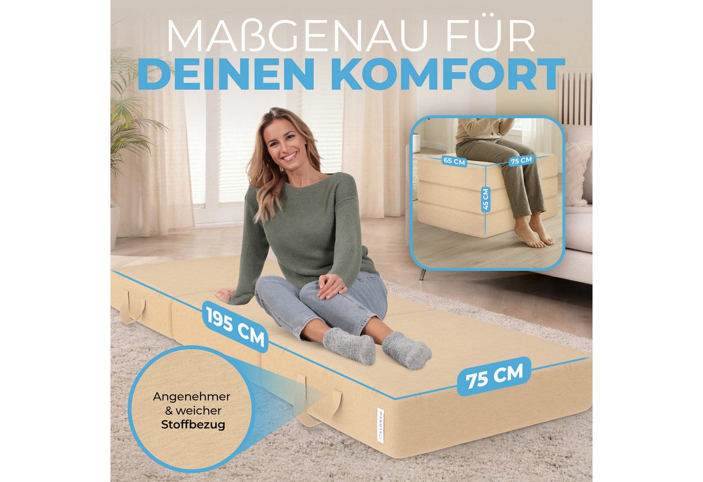 Klappmatratze 3-teilig, Gästematratze mit extra dickem Schaumstoff, ELONEO, 15 cm hoch, waschbarer Bezug, geeignet für Hausstauballergiker, schadstoffgeprüft – Bild 2 von 5